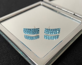 Stunning Blue Coloured Cubic Zirconia Crystal Rectangle And 925 Sterling Silver Stud Earrings Gift