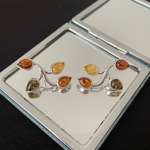 Stunning Large Four Tri Colour Stone Natural Teardrop Cabochon Amber And Filigree 925 Sterling Silver Stud Earrings Gift