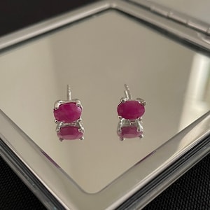 Beautiful Faceted Natural Dark Red Ruby And 925 Sterling Silver Oval Four Claw Prong Stud Earrings Gift