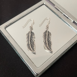 Gorgeous Large Detailed 925 Sterling Silver Feather Drop Dangle Earrings Gift