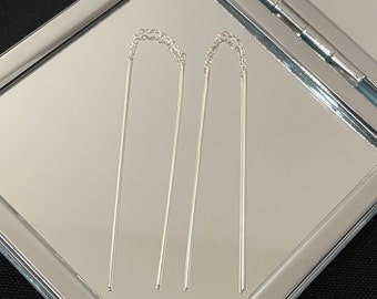 Gorgeous Long Straight Bar 925 Sterling Silver Pull Through Drop Dangle Earrings Gift