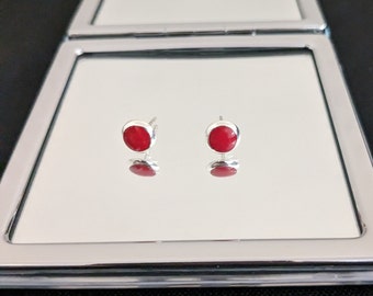 Superbes boucles d'oreilles rondes en corail rouge et argent sterling 925