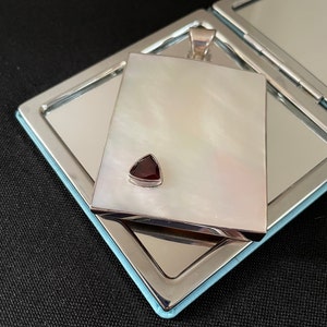 Beautiful Large Faceted Natural Red Garnet, Mother Of Pearl And 925 Sterling Silver Rectangle Pendant Necklace Gift