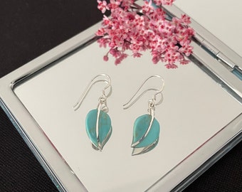 Beautiful Large Natural Blue Turquoise And 925 Sterling Silver Leaf Drop Dangle Earrings Gift