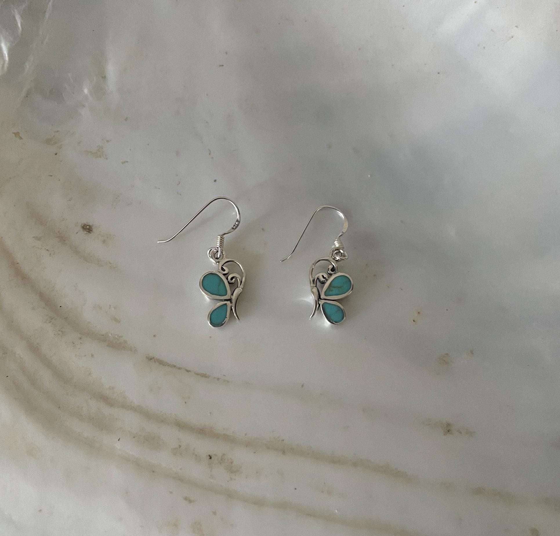 Orecchini A Farfalla In Argento 925 Con Turchese Ovale, Pendenti, 1,7 Cm, Regalo Per Donna In Confezione Con Panno Pulizia - 2