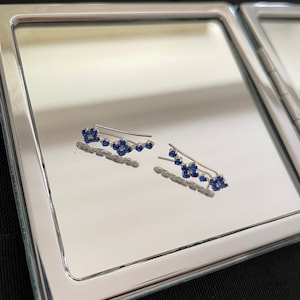 Beautiful 925 Sterling Silver And Sparkly Royal Blue Cubic Zirconia Crystal Ear Climbers Earrings Gift