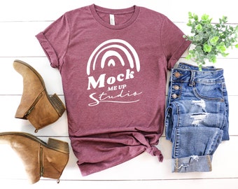 Bella Canvas 3001 Heather Maroon Mockup With Shorts 3001 Etsy