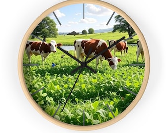 Farmhouse Cow Wall Clock – Rustic Nature Scene, Country Kitchen Decor