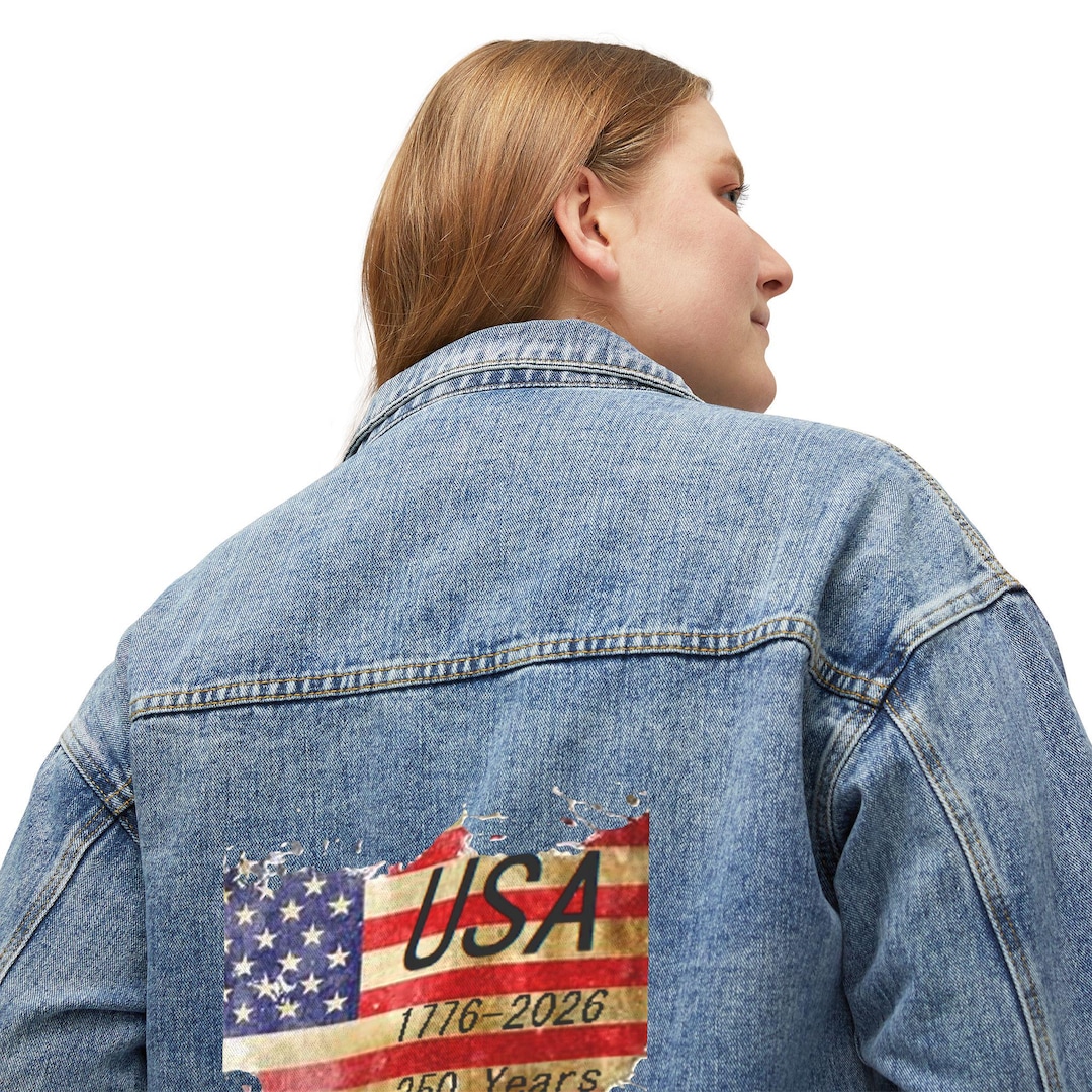 USA Flag Map Womens Denim Jacket American Vintage Distressed Back 