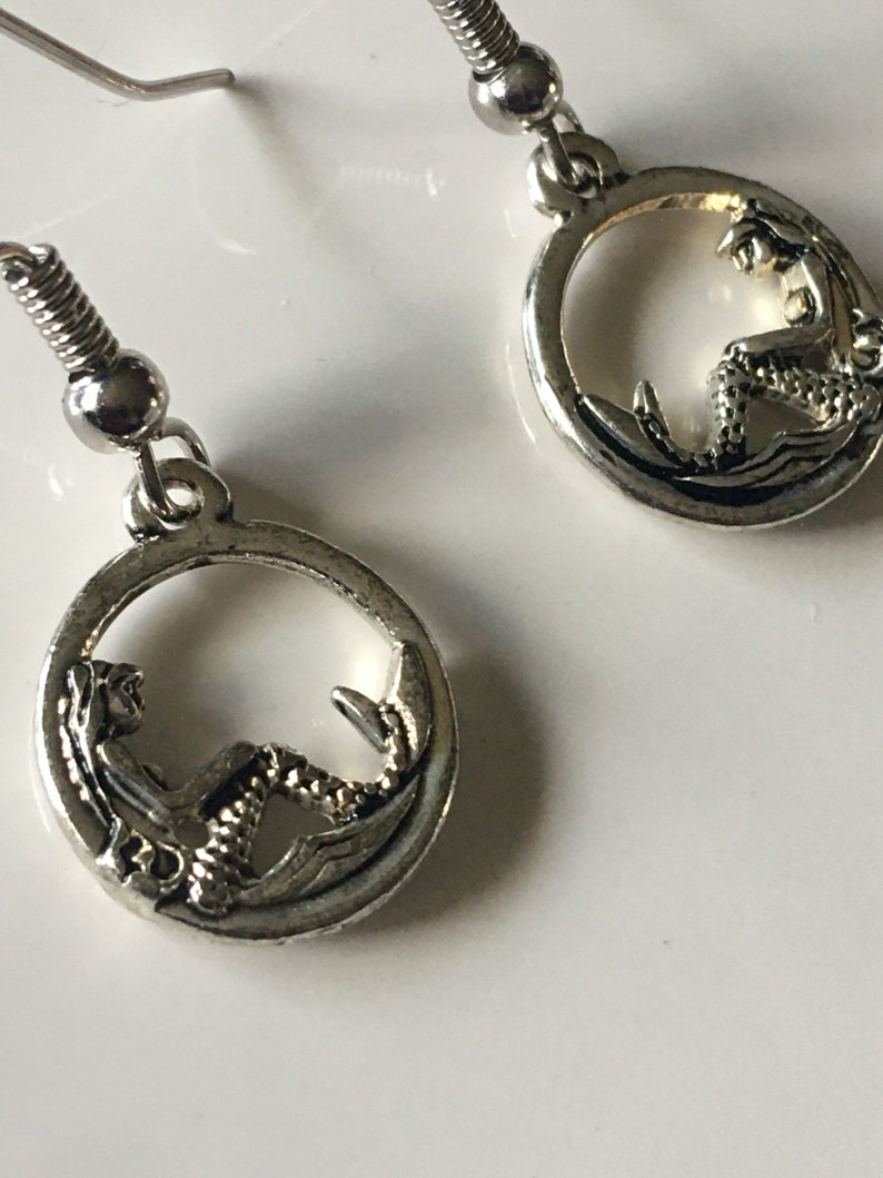 Small Double Sided Sitting Mermaid Circle Charm Earrings