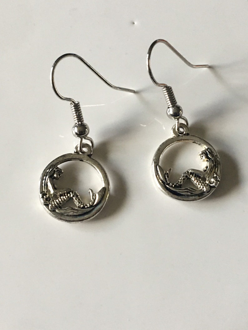 Small Double Sided Sitting Mermaid Circle Charm Earrings
