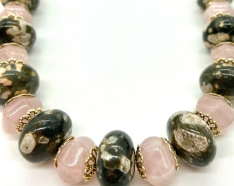 Jasper, rose quartz necklace, stone necklace, beaded necklace