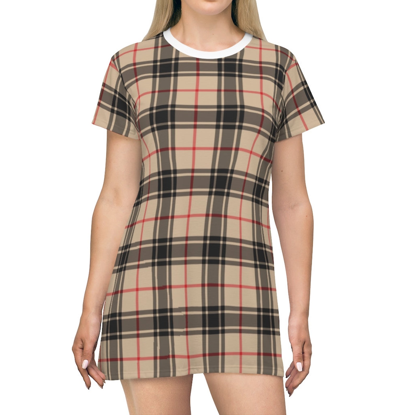 Beige Plaid All Over Print TShirt Dress Plaid TShirt Dress Etsy