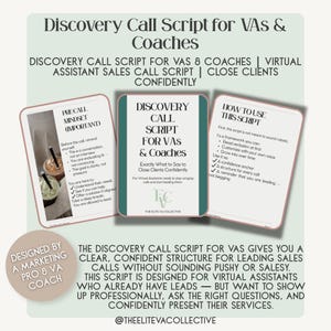 Può includere: Grafica promozionale per uno script di chiamata di scoperta per assistenti virtuali e coach. Il design include tre schede con testo, un logo e una bevanda al caffè. Lo script mira a fornire una struttura chiara per le chiamate di vendita.