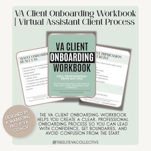 以下が含まれることがあります： 緑と白のデザインで「VA Client Onboarding Workbook」というテキストが入ったVAクライアントオンボーディングワークブック。マーケティングプロとVAコーチがデザインしました。ワークブックは、明確なオンボーディングプロセスを作成するのに役立ちます。