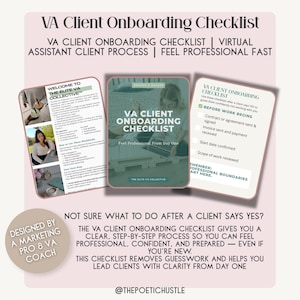 May include: A digital VA Client Onboarding Checklist document set featuring three pages with text, including headers like VA Client Onboarding Checklist, Before Work Begins, and sections detailing client processes, professional boundaries, and steps.