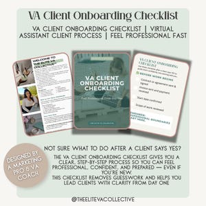 May include: A digital marketing graphic with the text "VA Client Onboarding Checklist" and "Feel Professional From Day One." The image includes a checklist, a photo of a woman, and a list of steps for virtual assistants.