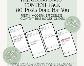 80 Lip Gloss Canva Templates | IG Posts for Lip Gloss Business | Beauty Brand Instagram Pack | Aesthetic Pink | Lip Care Social Media