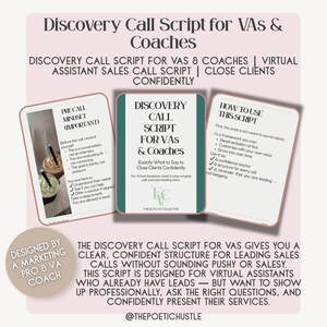 Könnte beinhalten: Ein digitales Dokument mit dem Titel Discovery Call Script for VAs & Coaches, das drei Seiten mit Text zu Pre-Call-Mindset, Skriptanweisungen und Verkaufsberatung enthält. Das Design verwendet einen zartrosa Hintergrund mit dunkelgrünem Text.