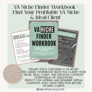 Può includere: Un quaderno di lavoro intitolato "VA Niche Finder Workbook" con testo che chiarisce la nicchia e il cliente ideale in 30 minuti. Il quaderno di lavoro è progettato per assistenti virtuali principianti e aspiranti. L'immagine include anche un inventario delle competenze.