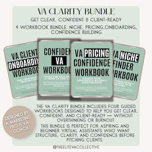 以下が含まれることがあります： 「VA Client Onboarding」、「Confidence」、「Pricing」などのタイトルが付いた、バーチャルアシスタント向けの4冊のワークブックのバンドル。 ワークブックはミントグリーン色で、白と黒のテキストが使用されています。 このバンドルは、バーチャルアシスタントが明確で自信を持ち、クライアントに対応できるように設計されています。