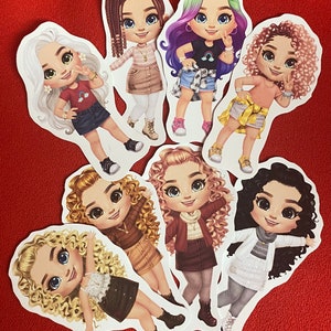 May include: A collection of die-cut stickers featuring cartoon girls with various hairstyles and outfits. The stickers showcase girls with different hair colors, including blonde, brown, and purple, wearing casual clothing like skirts, shorts, and t-shirts. The stickers are on a red background.