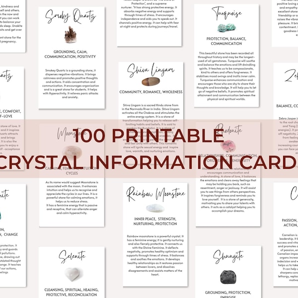 100 Printable Crystal Information Cards, Gemstone Meaning Cards, Crystal Identification Study Cards Crystal Reference for Grimoire, BOS