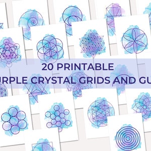 May include: A set of 20 printable purple crystal grids and guide. Each print displays geometric designs in dark blue over a watercolour wash of blue and purple. The text "20 PRINTABLE PURPLE CRYSTAL GRIDS AND GUIDE" is across the image.