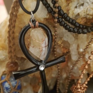 Black Ankh with Citrine or Amethyst Crystal