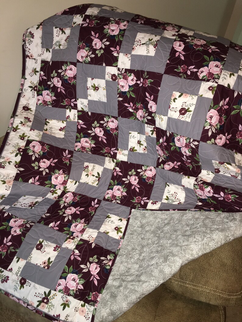 Burgundy/gray floral quilt handmade Etsy