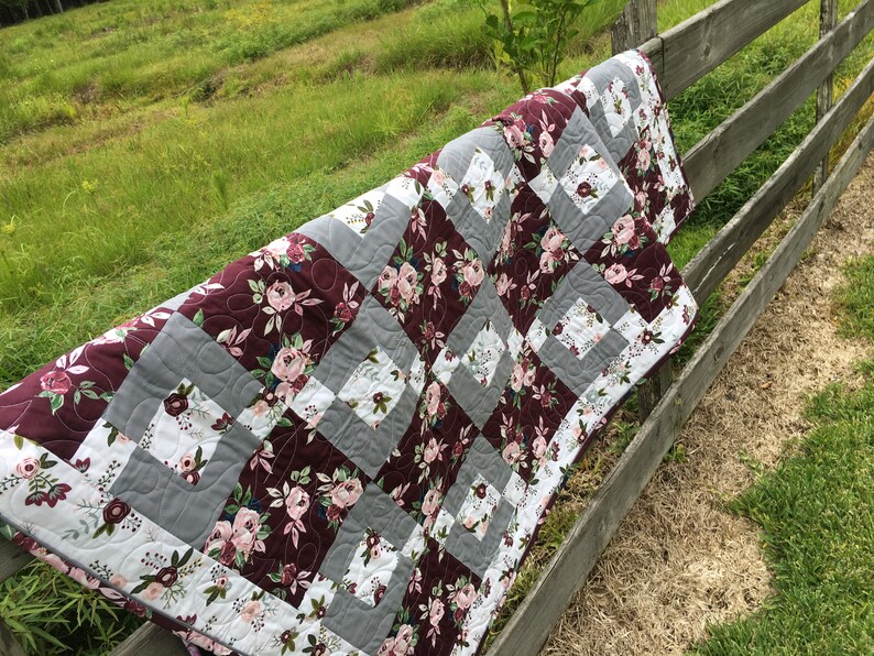 Burgundy/gray floral quilt handmade Etsy