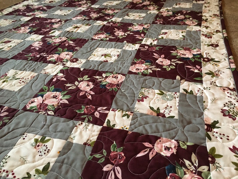 Burgundy/gray floral quilt handmade Etsy