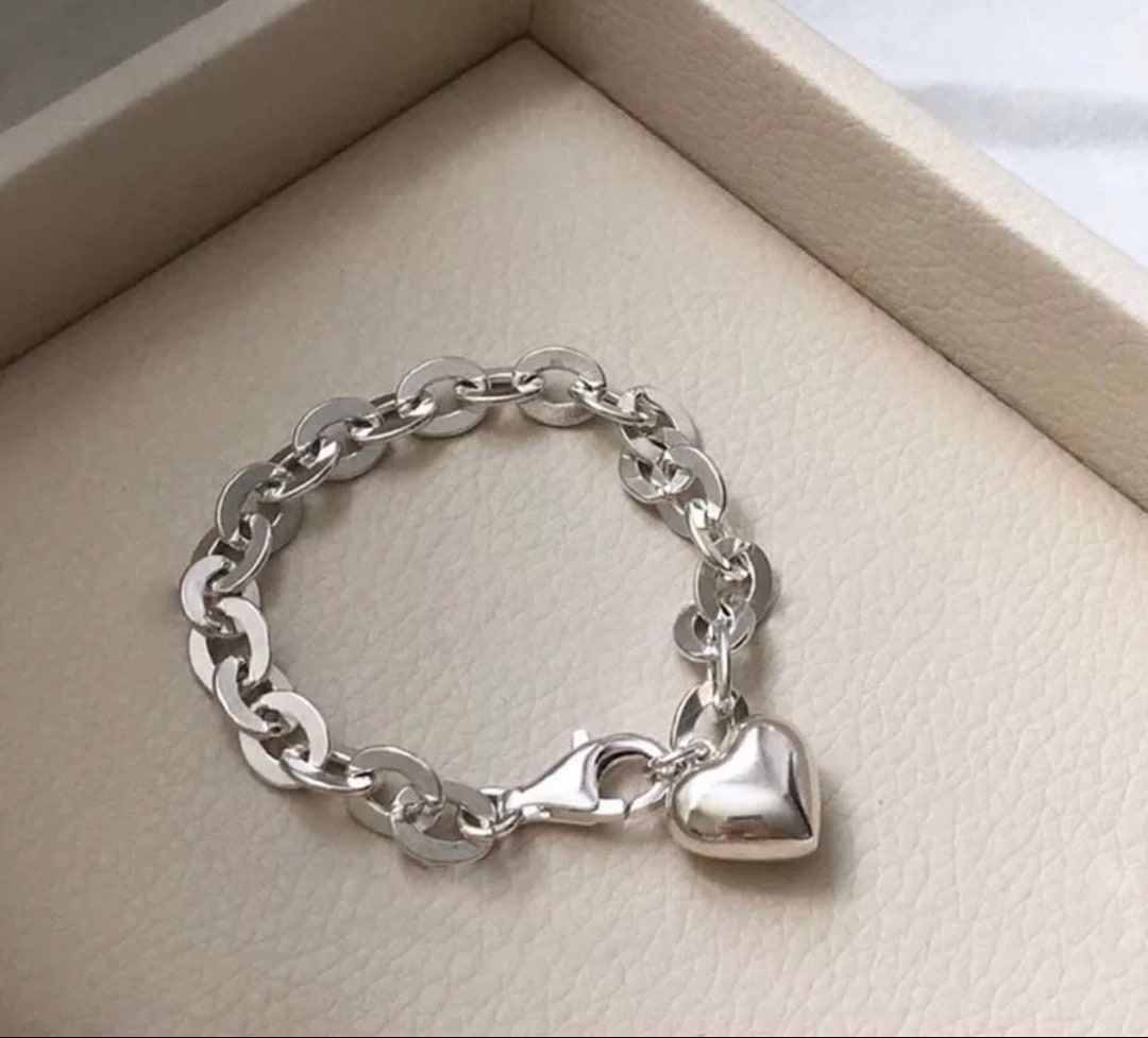 S925 Silver Heart Braceletsilver Hearts Braceletchunky - Etsy