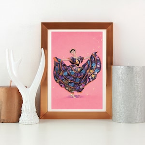May include: A framed print of a woman in a colorful, multi-layered skirt, dancing on a pink background. The skirt has floral and geometric patterns in shades of purple, blue, yellow, and green.