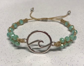 FREE SHIPPING!!! Sand cord and seafoam green crystal macrame wish bracelet, friendship, seafoam, crystal, beach jewelry, bracelet, macrame
