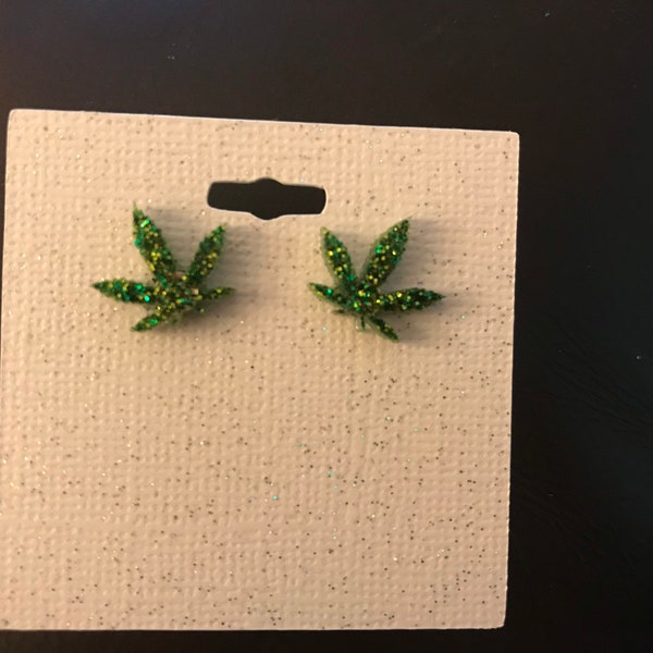 Green or pink glitter marijuana resin stud earrings, 4:20, marijuana, weed, weed earrings, pot earrings, marijuana leaf