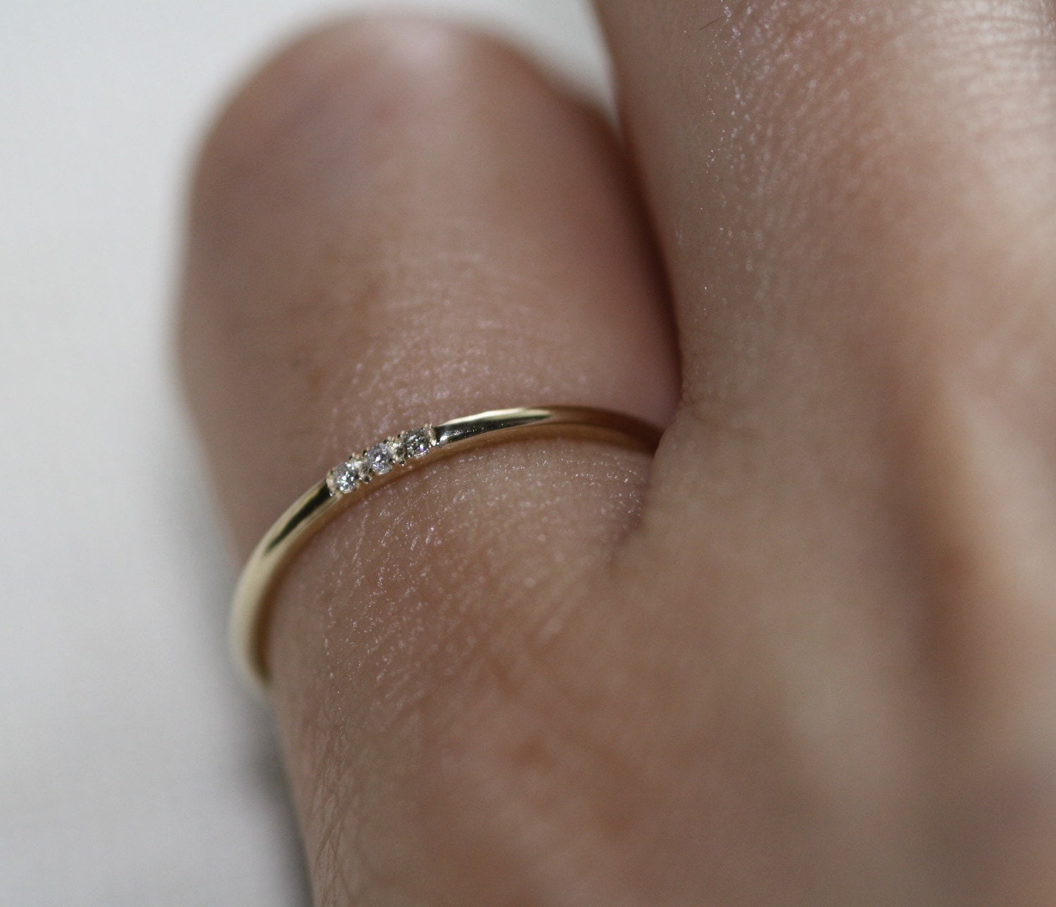 Tiny Real Diamonds Gold Ring 14k Solid Gold 3 Diamonds Band Etsy