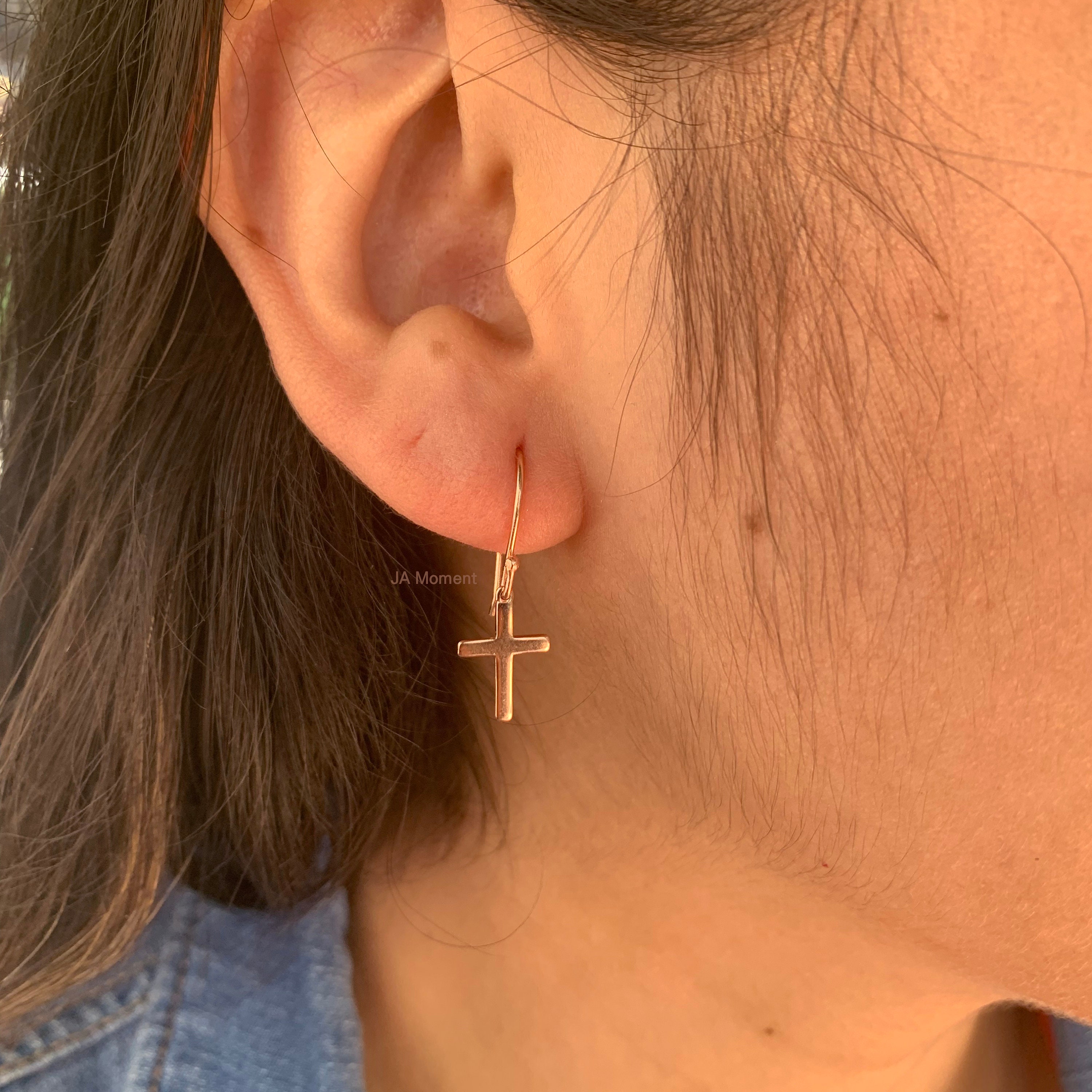 14k Gold Dangle Cross Earrings Yellow Gold Dangle Earrings Etsy