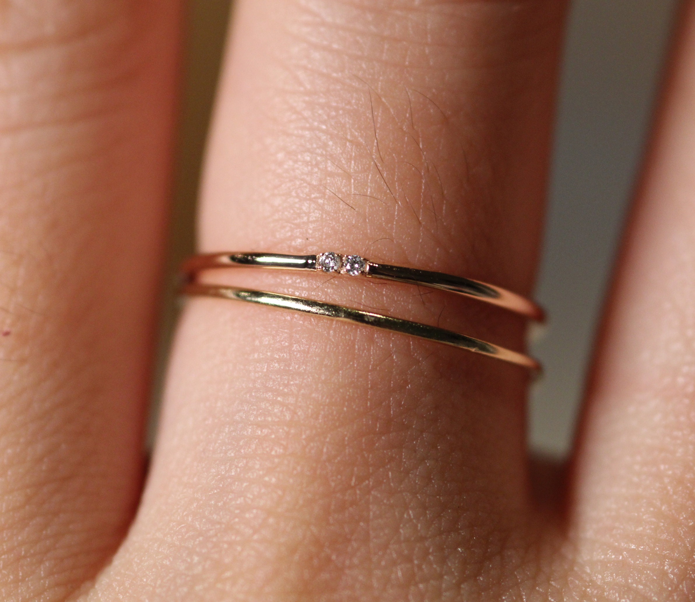 14k gold tiny 2 diamonds simple band / 10k Gold Small size Etsy