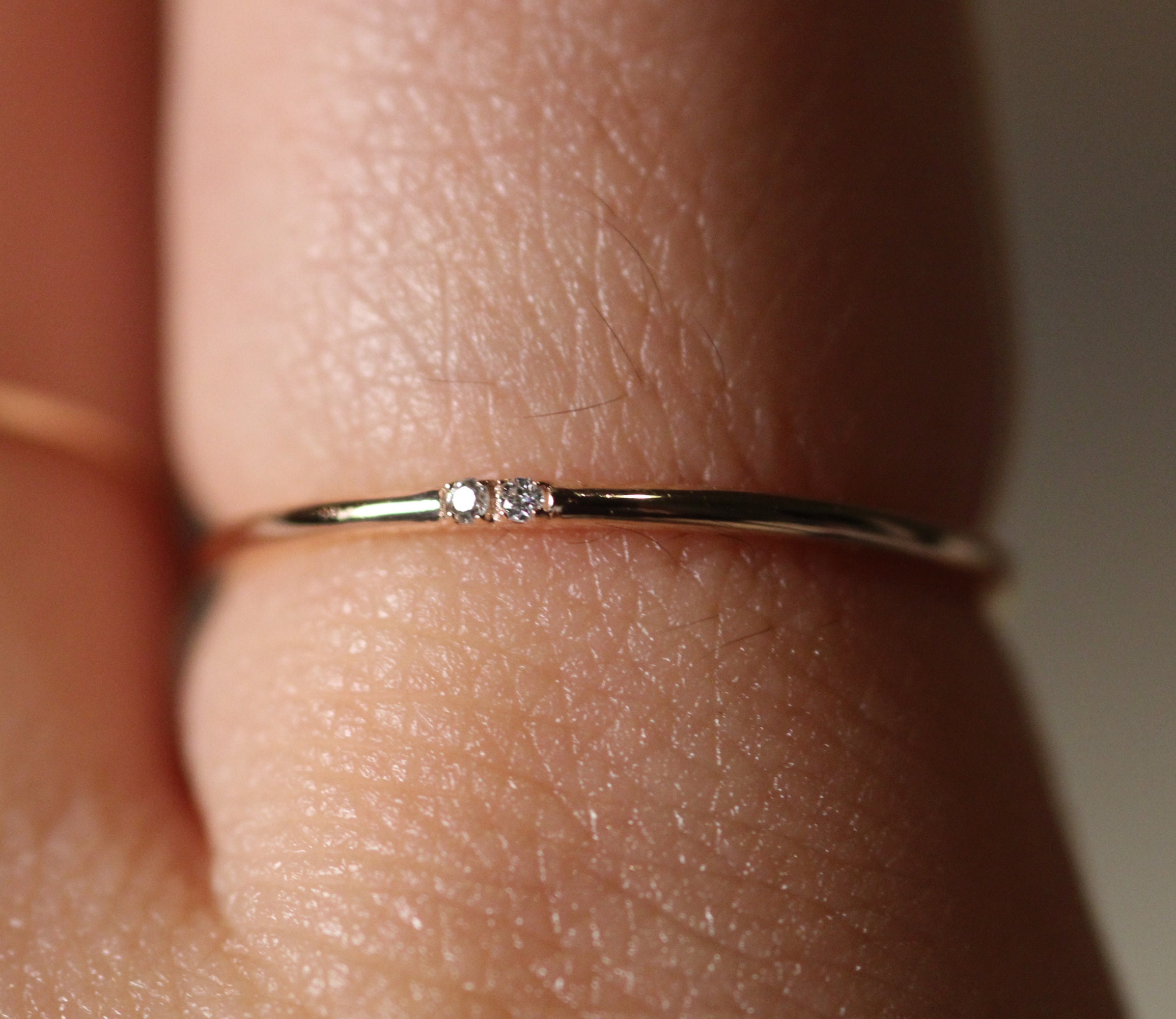 14k gold tiny 2 diamonds simple band / 10k Gold Small size Etsy