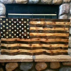 American Wavy Wood Tone Flag, Wood Tone Flag, Carved Wavy Flag, Rustic Wood Flag