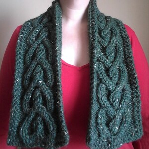May include: A dark green knitted scarf with a cable knit pattern. The scarf is made of a soft, textured yarn.