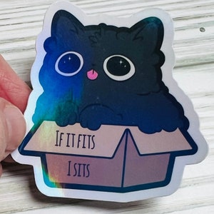 Funny Fat Cat Sticker: If It Fits, I Sits - Holographic Decal