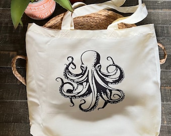 Octopus Tote Bag, Ocean Tote Bag, Sea Life Book Bag
