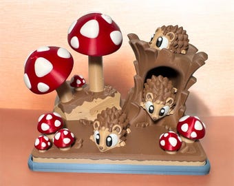Diorama leśna z jeżem drukowana w 3D, zabawka dekoracyjna z grzybami
