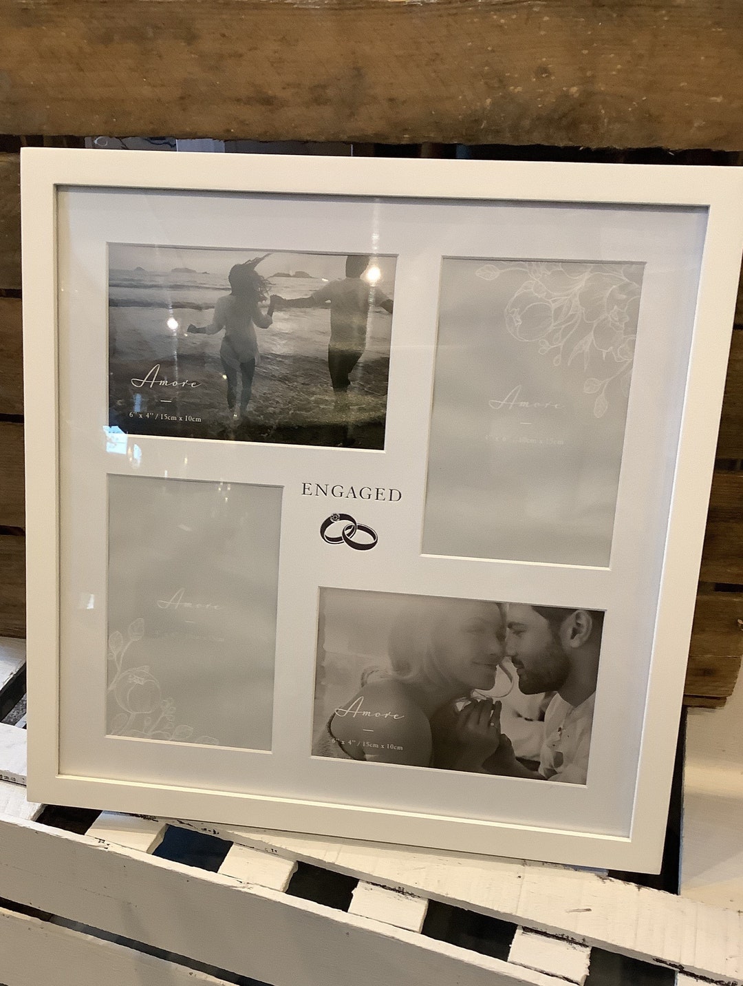 White Engagement Multi Photo Frame, Silver Rings on Mount. 4 Spaces for