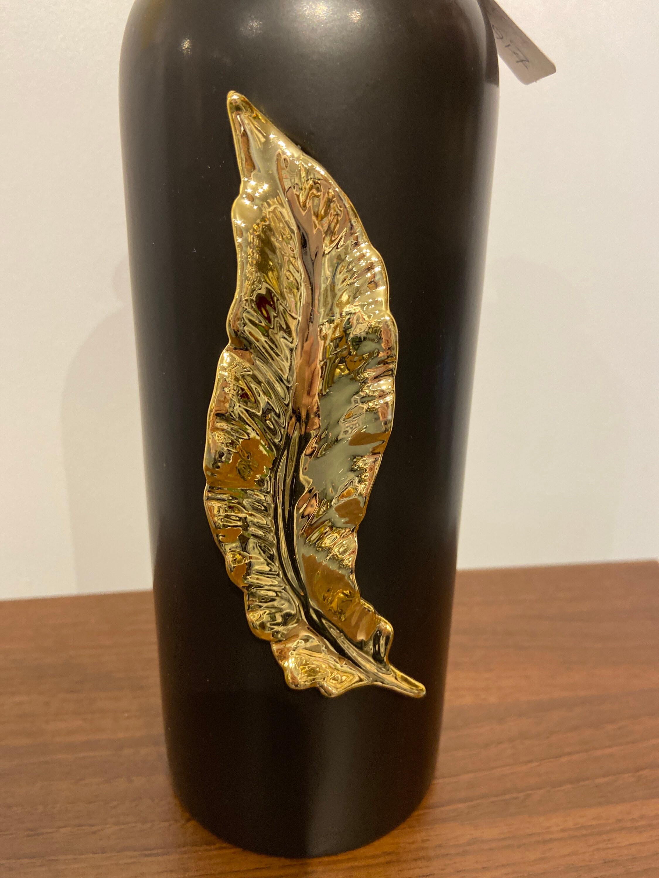 Black tall thin neck ceramic vase with raised gold leaf | Etsy