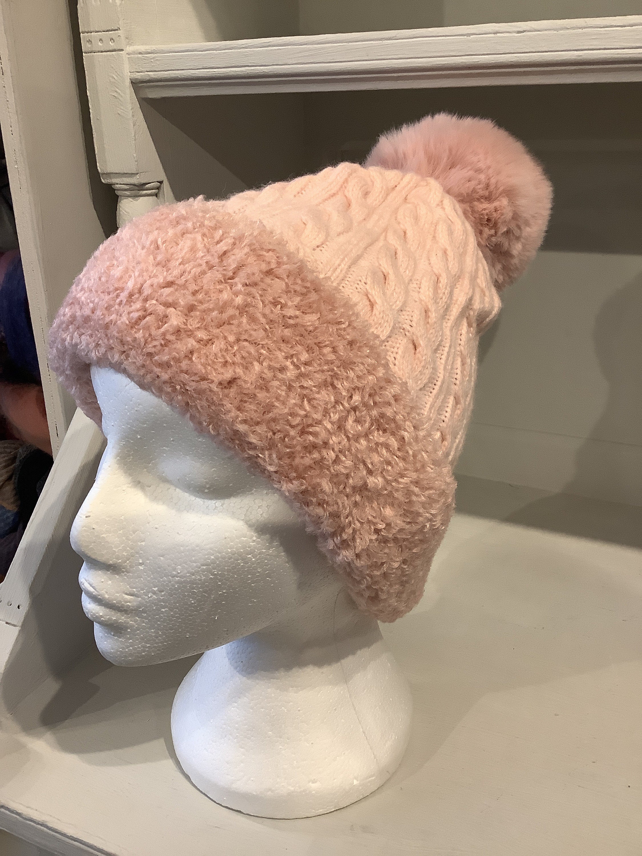 Fuza Wool Denmark Pink Lambswool Pom Winter Hat Hand Knit Oeko-tex Fleece Lined Pom Pom Hat Lined With Fleece Mittens Infinity Scarf Set  main image 4