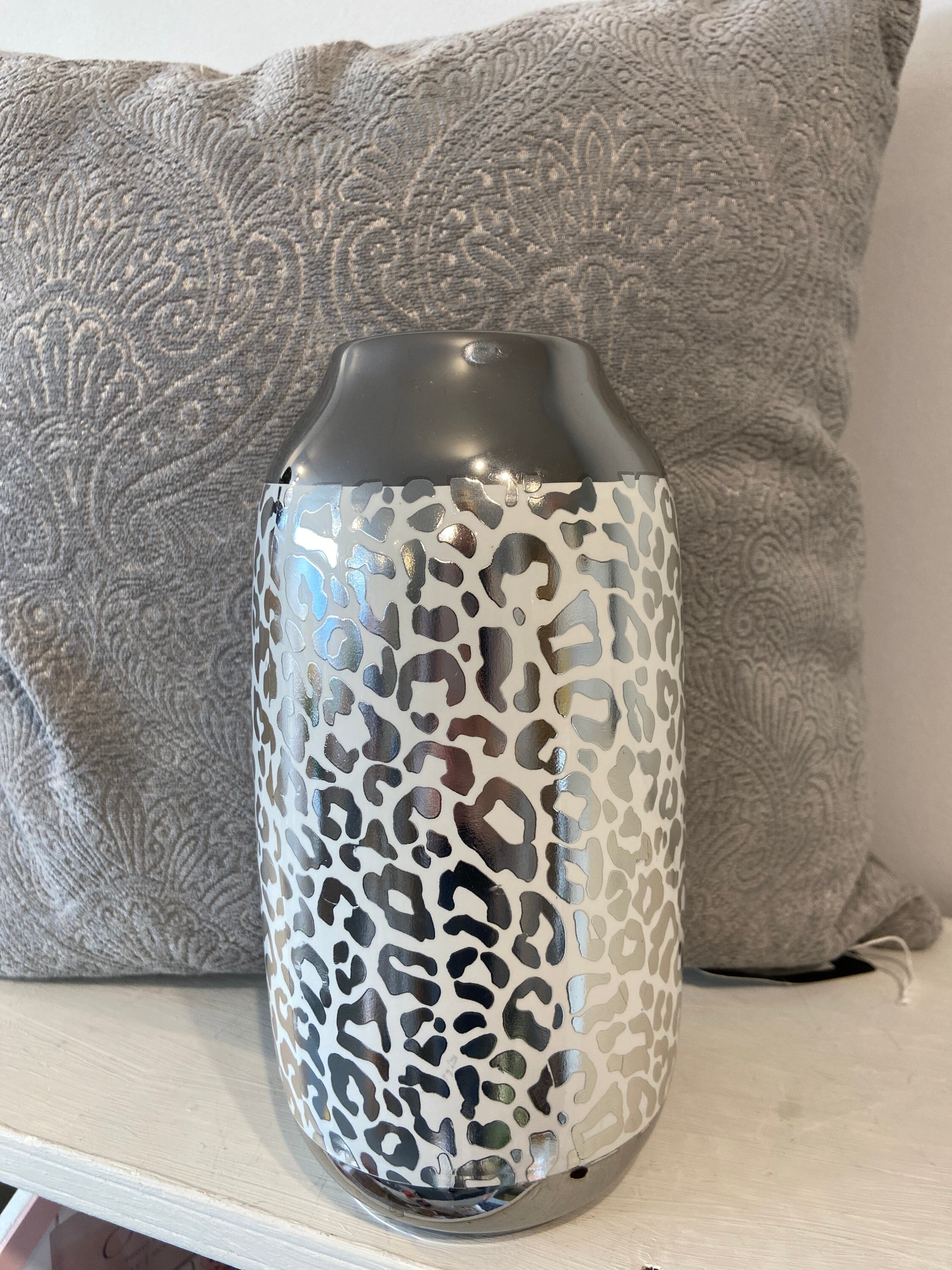 Leopard print animal spots silver and white tall vase Etsy