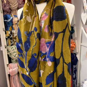 Ladies fine scarf, winter wrap, khaki, navy in colour, floral, leaf design, leaf, ladies gift, birthday Christmas